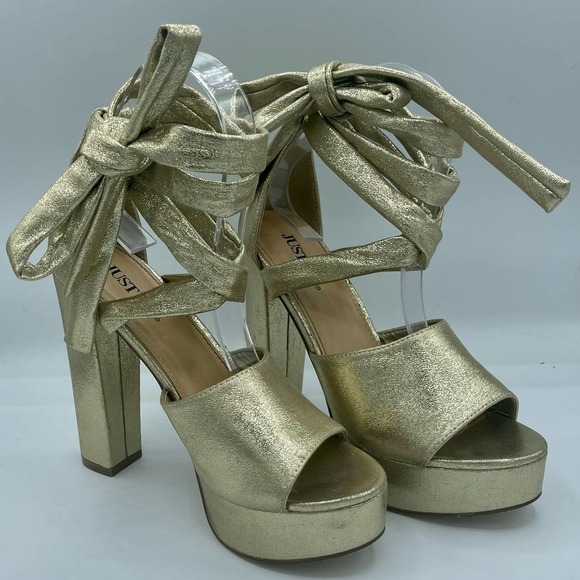 Gold Faux Leather Ankle Tie Sandal Heels Size 7 - Picture 8 of 16